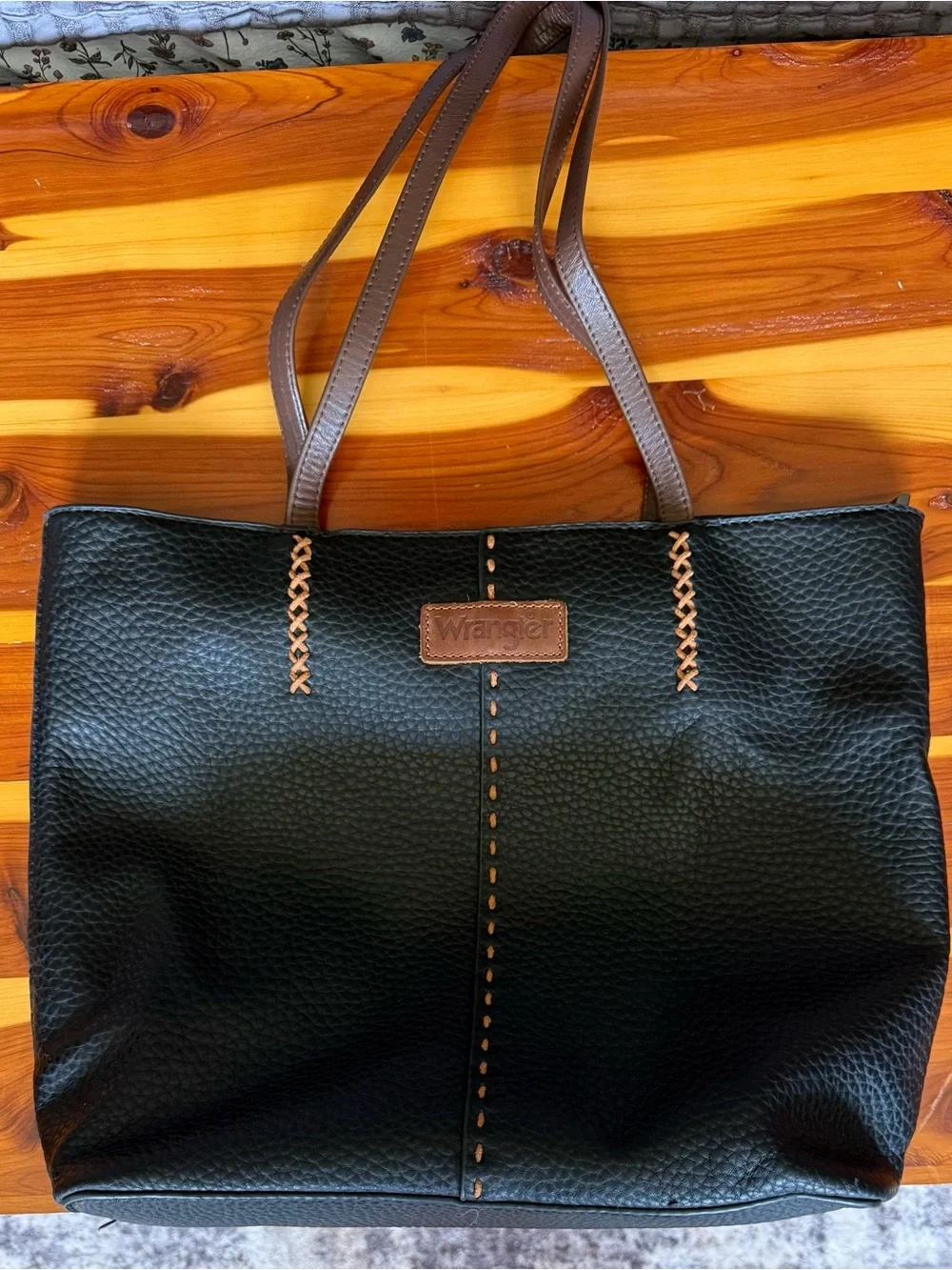 Wrangler Black Tote with Brown Handles and Contrast Stitching